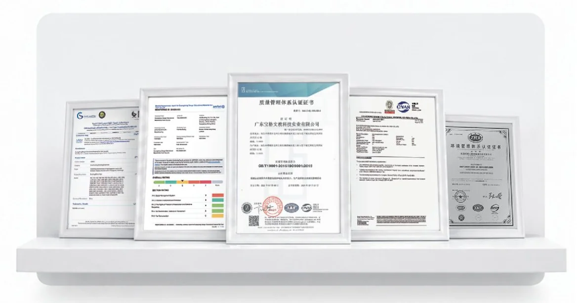 万格积木资质认证证书：质量管理体系认证（ISO 9001）、CNAS 认可证书等多份资质文件